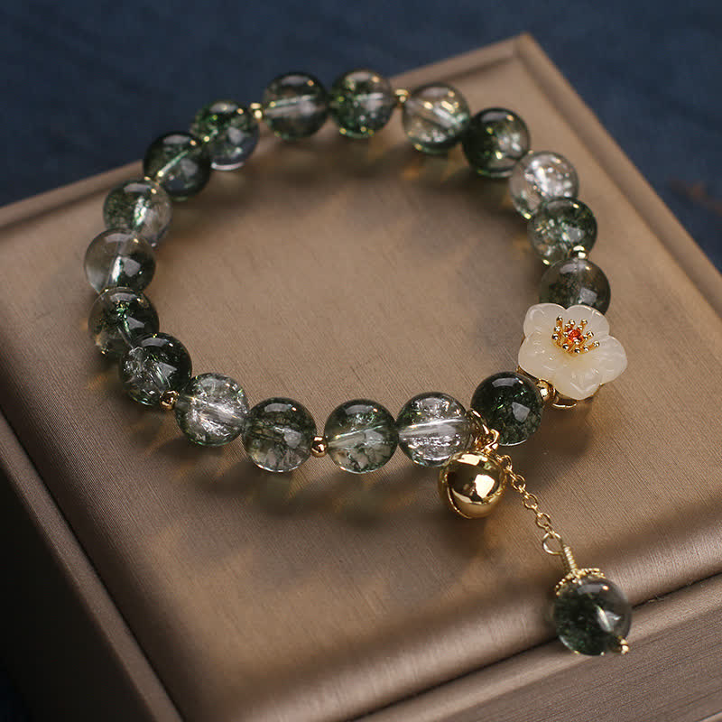 Buddha Stones Green Phantom White Jade Flower Charm Wealth Bracelet