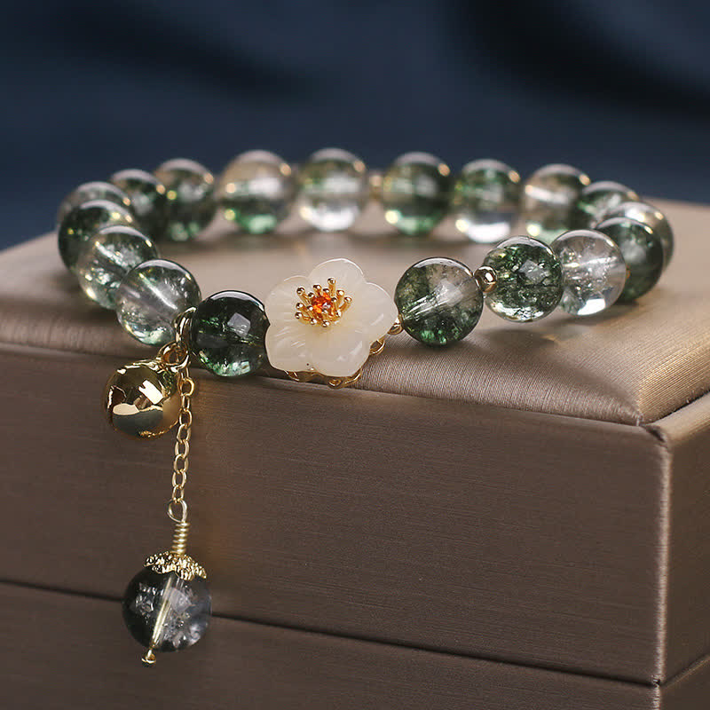 Buddha Stones Green Phantom White Jade Flower Charm Wealth Bracelet