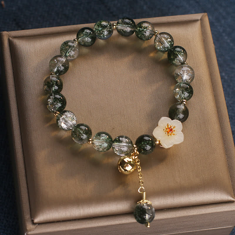 Buddha Stones Green Phantom White Jade Flower Charm Wealth Bracelet