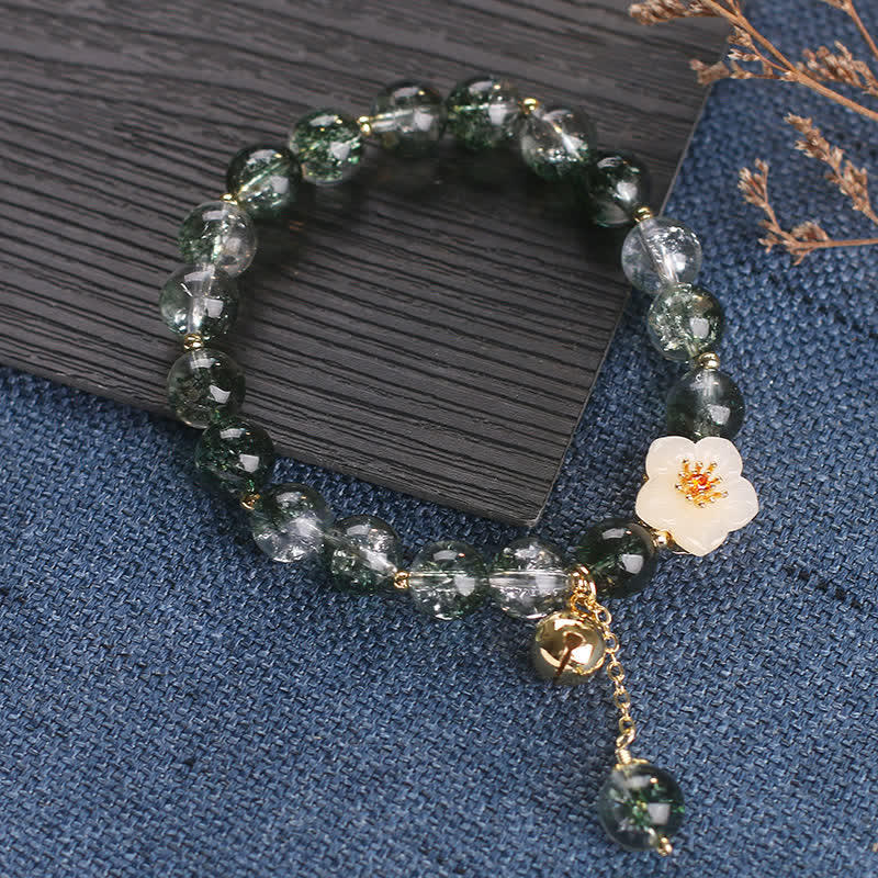 Buddha Stones Green Phantom White Jade Flower Charm Wealth Bracelet