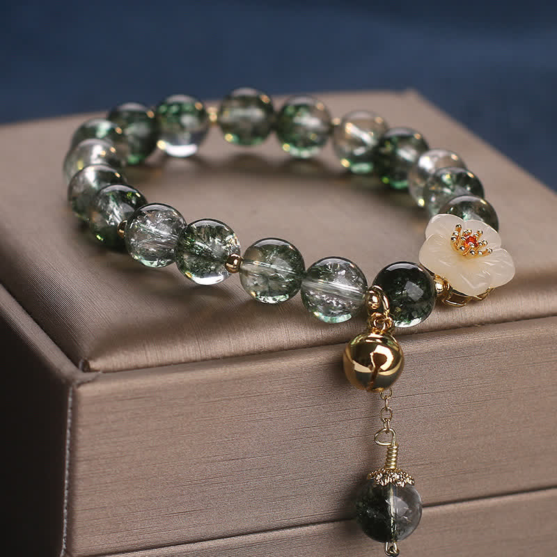 Buddha Stones Green Phantom White Jade Flower Charm Wealth Bracelet