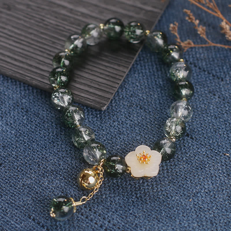 Buddha Stones Green Phantom White Jade Flower Charm Wealth Bracelet