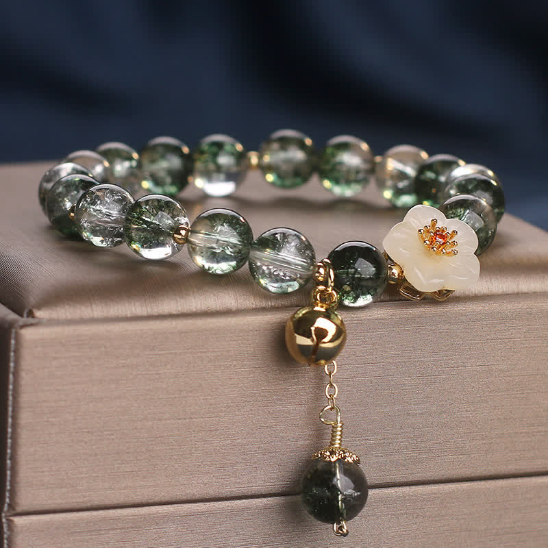 Buddha Stones Green Phantom White Jade Flower Charm Wealth Bracelet