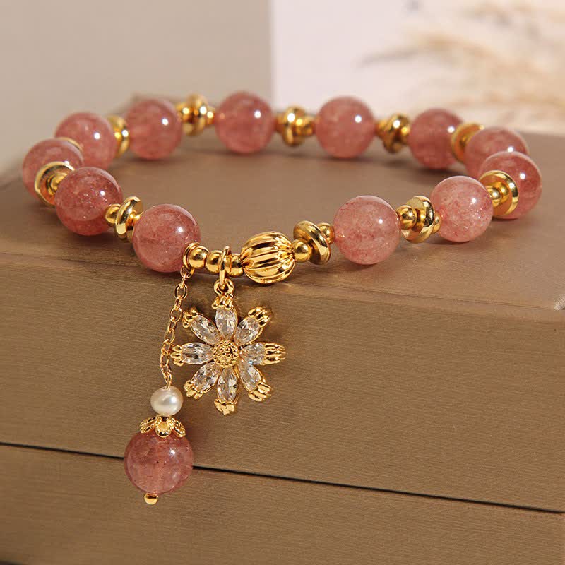 Buddha Stones Strawberry Quartz Pearl Daisy Love Bracelet
