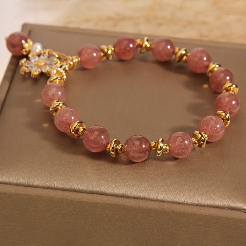 Buddha Stones Strawberry Quartz Pearl Daisy Love Bracelet