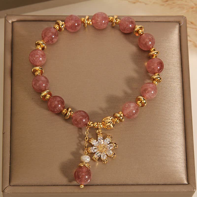 Buddha Stones Strawberry Quartz Pearl Daisy Love Bracelet