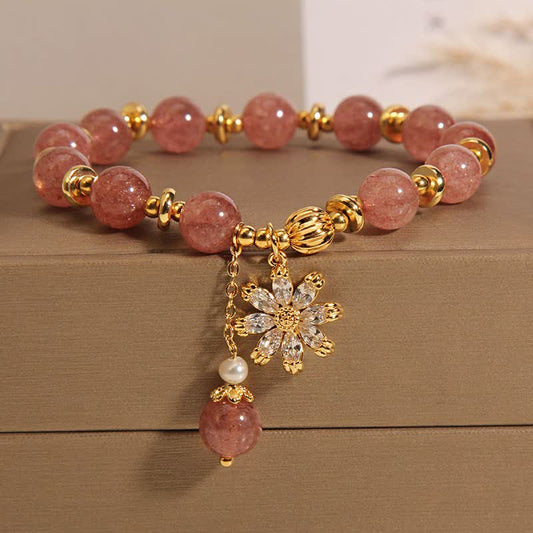 Buddha Stones Strawberry Quartz Pearl Daisy Love Bracelet