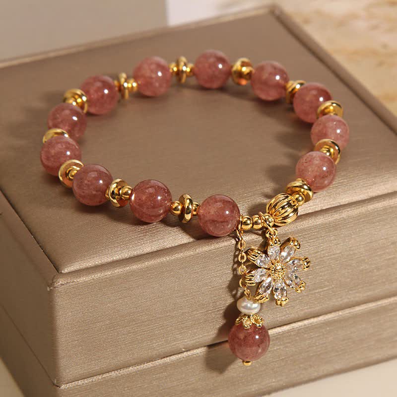 Buddha Stones Strawberry Quartz Pearl Daisy Love Bracelet
