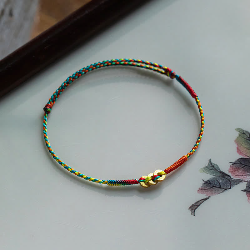 Buddha Stones Copper Coins Hand-Woven Red Multicolor String Luck Bracelet