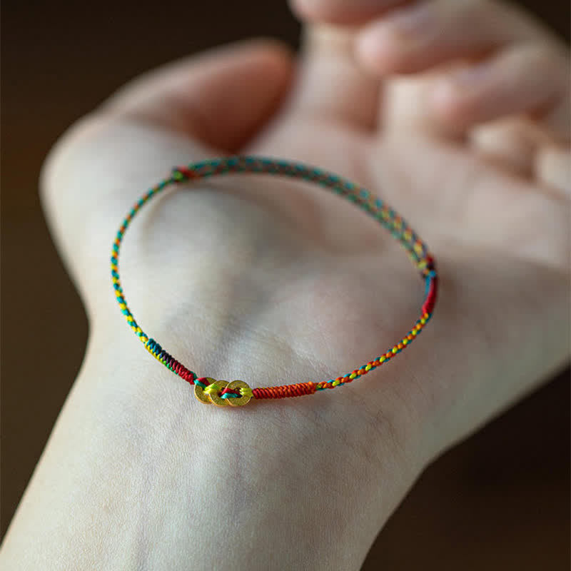Buddha Stones Copper Coins Hand-Woven Red Multicolor String Luck Bracelet