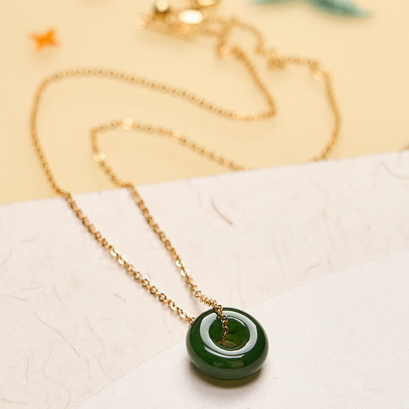 Buddha Stones Natural Cyan Jade Peace Buckle Abundance Pendant Copper 925 Sterling Silver Chain Necklace