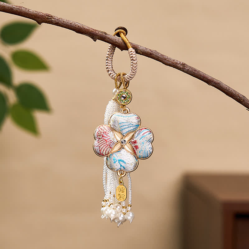 Buddha Stones Song Brocade Four Leaf Clover Fu Character Lucky Fortune Wealth Tassel Keychains