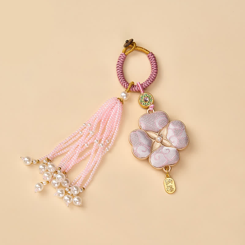 Buddha Stones Song Brocade Four Leaf Clover Fu Character Lucky Fortune Wealth Tassel Keychains