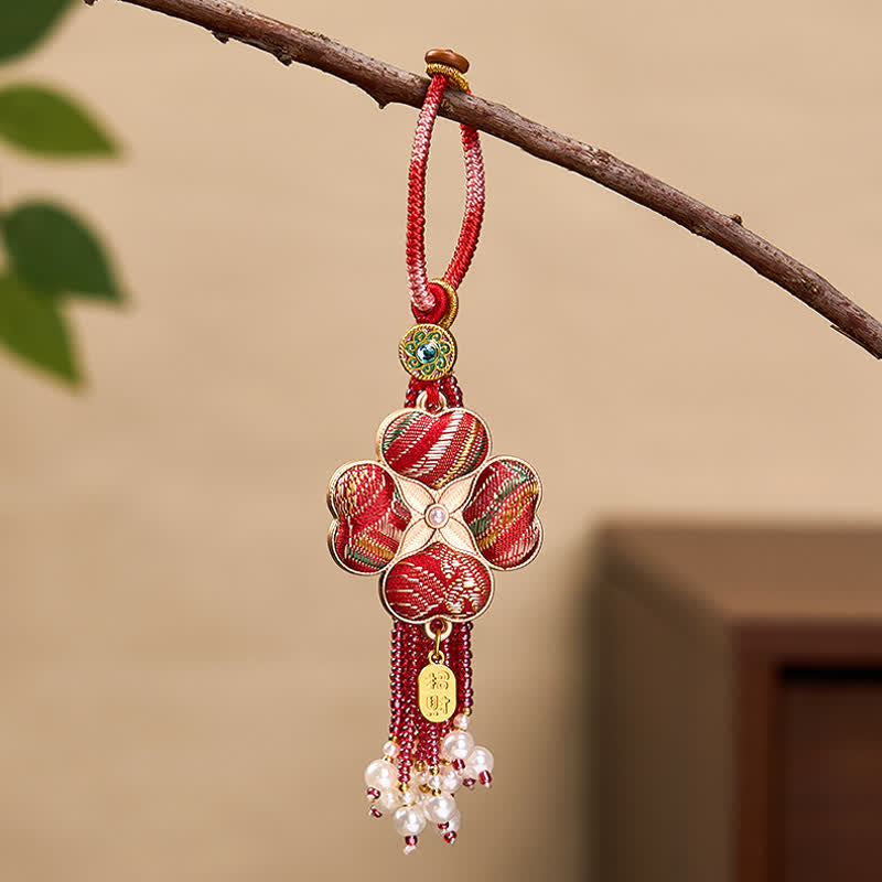Buddha Stones Song Brocade Four Leaf Clover Fu Character Lucky Fortune Wealth Tassel Keychains
