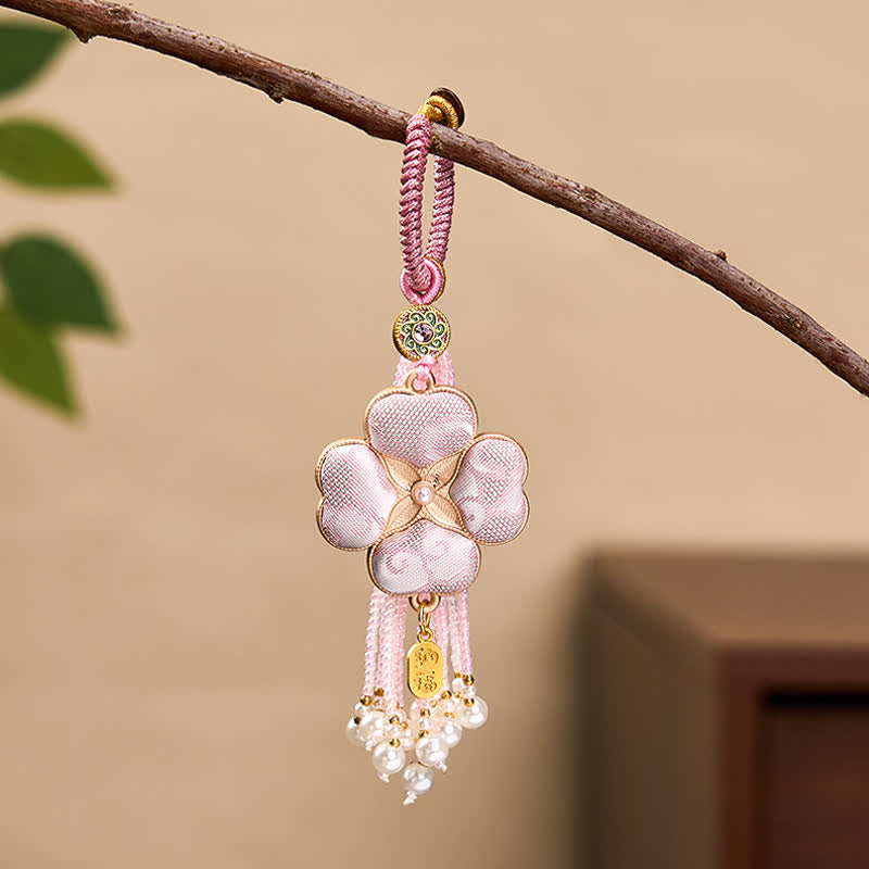 Buddha Stones Song Brocade Four Leaf Clover Fu Character Lucky Fortune Wealth Tassel Keychains