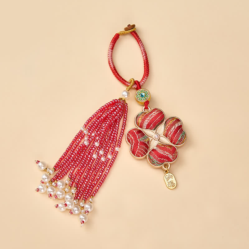 Buddha Stones Song Brocade Four Leaf Clover Fu Character Lucky Fortune Wealth Tassel Keychains