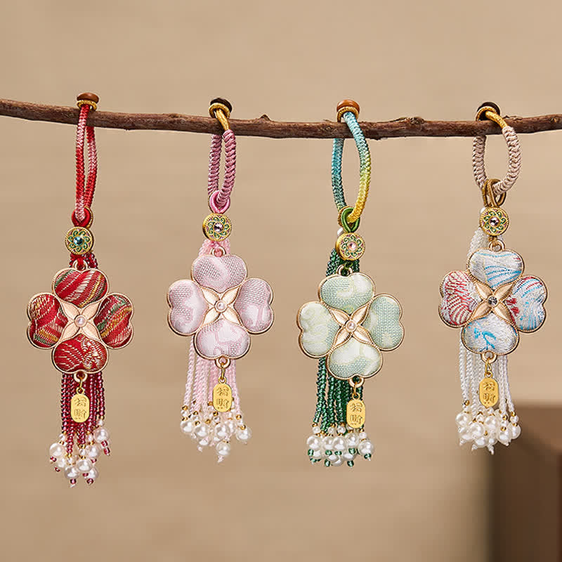 Buddha Stones Song Brocade Four Leaf Clover Fu Character Lucky Fortune Wealth Tassel Keychains