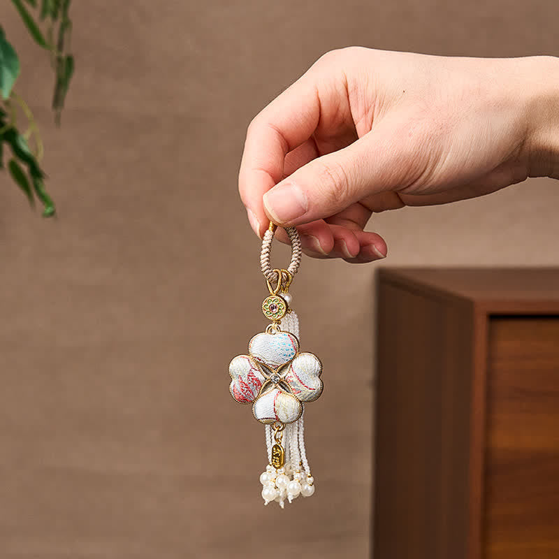 Buddha Stones Song Brocade Four Leaf Clover Fu Character Lucky Fortune Wealth Tassel Keychains