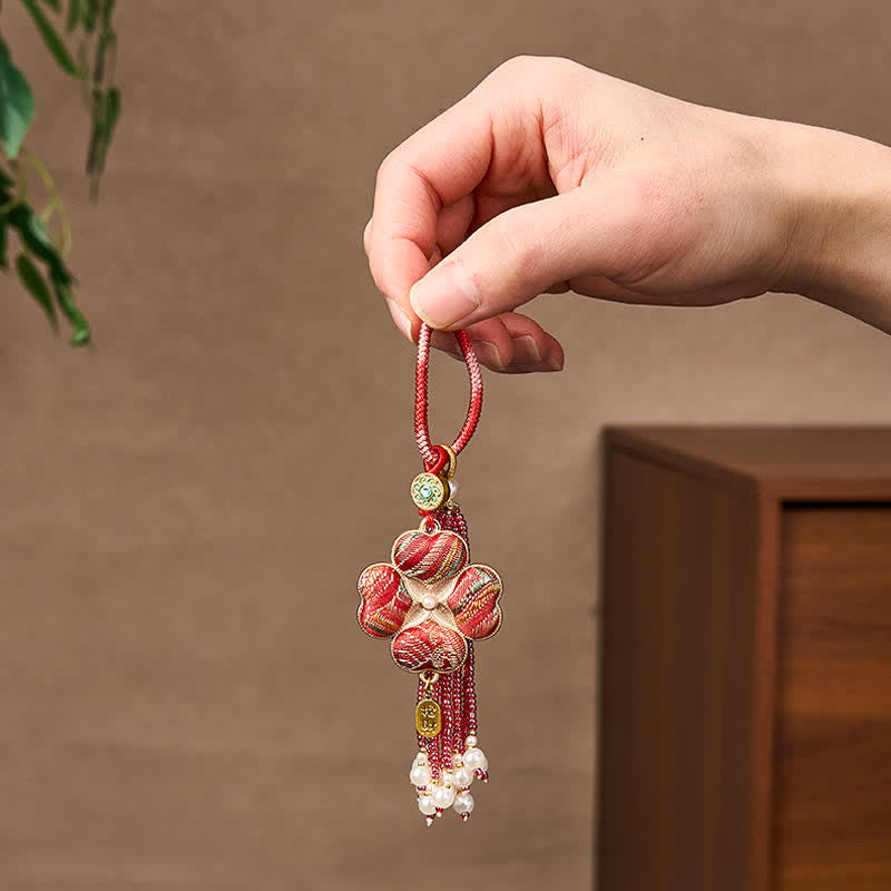Buddha Stones Song Brocade Four Leaf Clover Fu Character Lucky Fortune Wealth Tassel Keychains