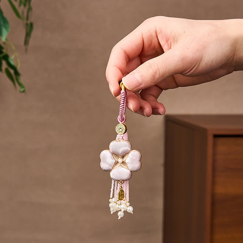 Buddha Stones Song Brocade Four Leaf Clover Fu Character Lucky Fortune Wealth Tassel Keychains