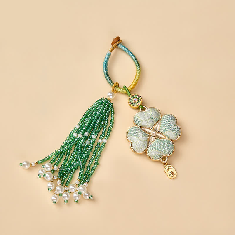 Buddha Stones Song Brocade Four Leaf Clover Fu Character Lucky Fortune Wealth Tassel Keychains
