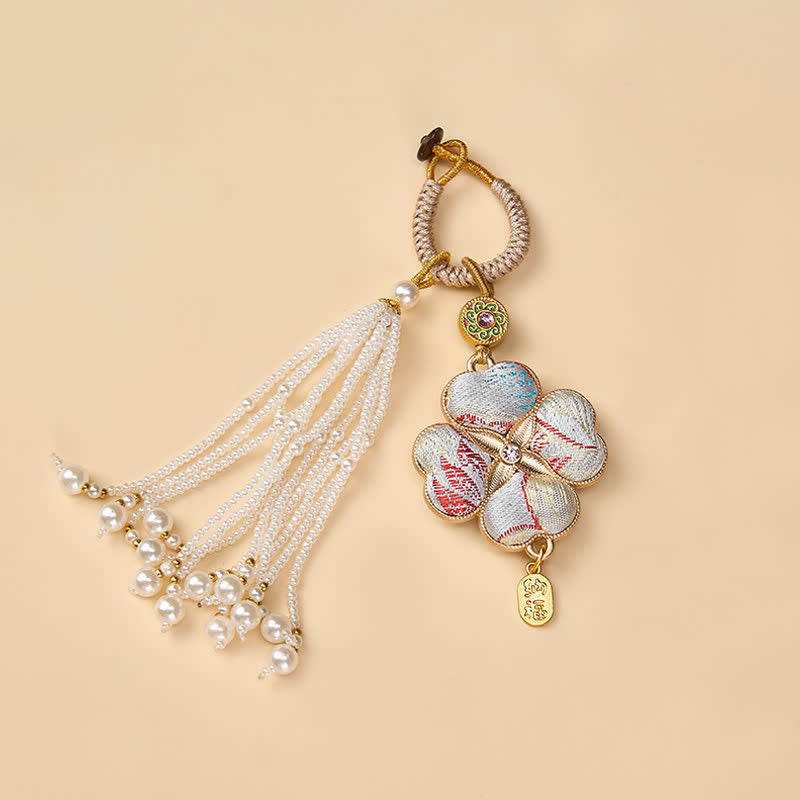 Buddha Stones Song Brocade Four Leaf Clover Fu Character Lucky Fortune Wealth Tassel Keychains