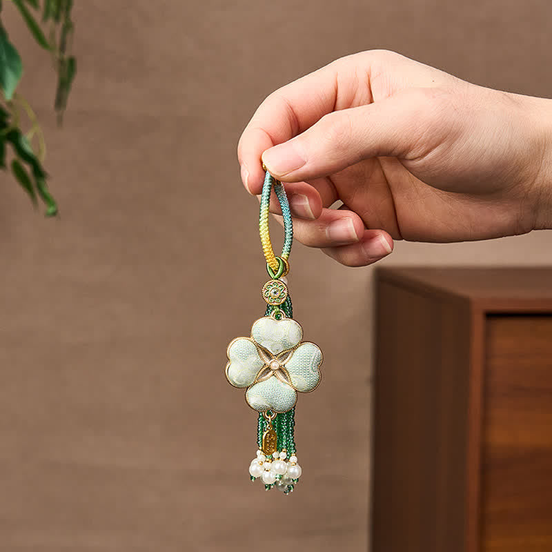 Buddha Stones Song Brocade Four Leaf Clover Fu Character Lucky Fortune Wealth Tassel Keychains