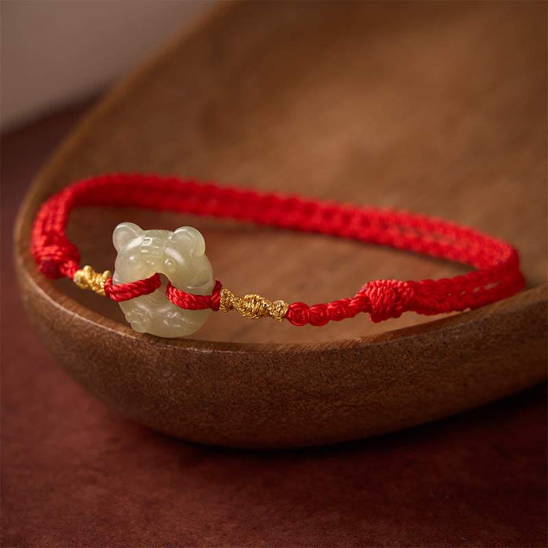 Buddha Stones Jade Tiger-head Peace Buckle Red String Prosperity Bracelet