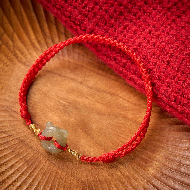 Buddha Stones Jade Tiger-head Peace Buckle Red String Prosperity Bracelet