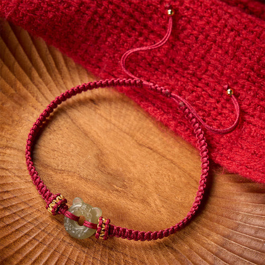 Buddha Stones Jade Tiger Head Design Peace Buckle Grounding Red String Braided Bracelet