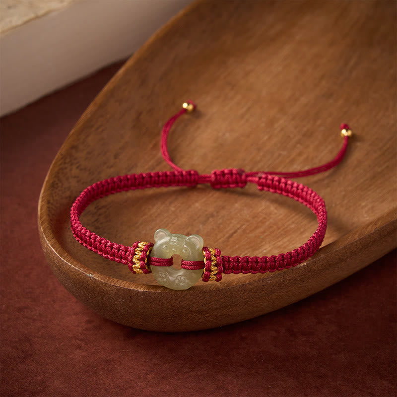 Buddha Stones Jade Tiger Head Design Peace Buckle Grounding Red String Braided Bracelet