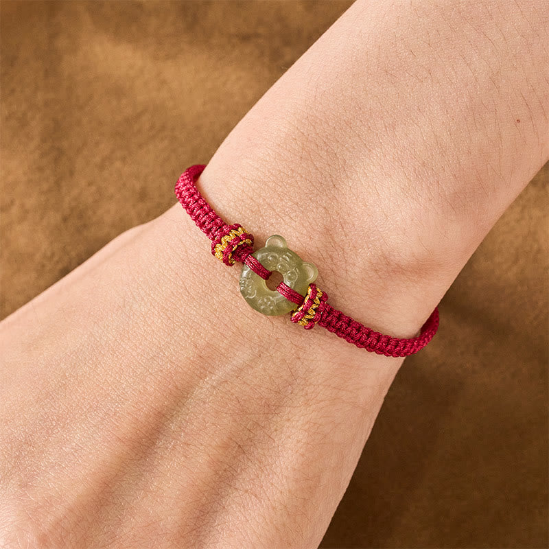 Buddha Stones Jade Tiger Head Design Peace Buckle Grounding Red String Braided Bracelet