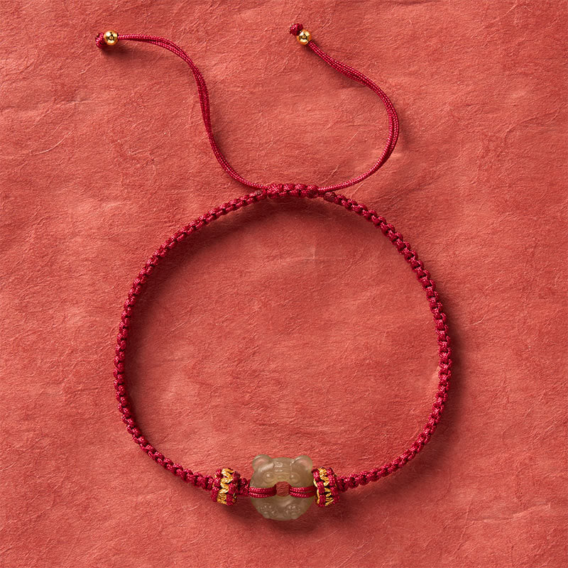 Buddha Stones Jade Tiger Head Design Peace Buckle Grounding Red String Braided Bracelet