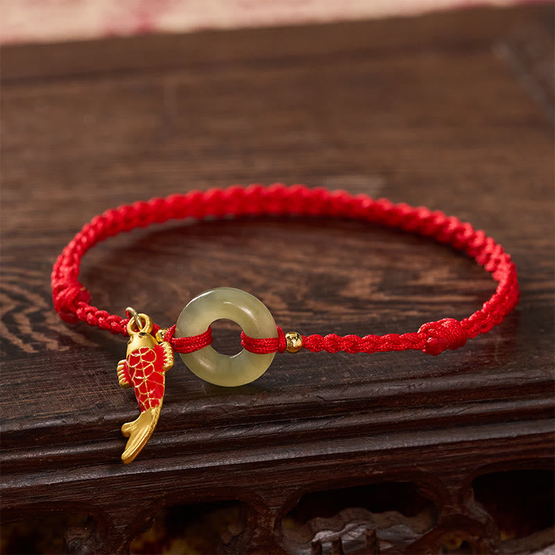 Buddha Stones Koi Fish Charm Peace Buckle Jade Red String Protection Bracelet