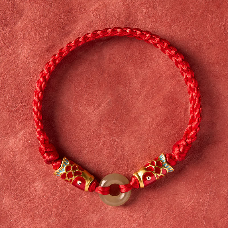 Buddha Stones Hetian Jade Peace Buckle Double Koi Fish Red String Prosperity Bracelet