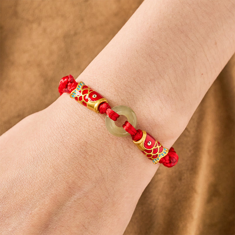 Buddha Stones Hetian Jade Peace Buckle Double Koi Fish Red String Prosperity Bracelet