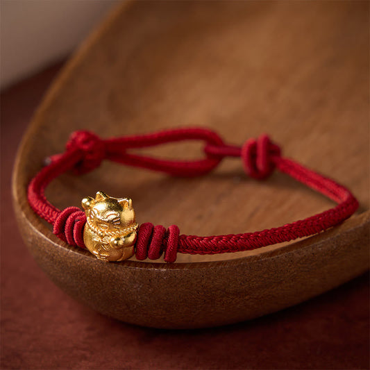 Buddha Stones Hand-Woven Red String Copper Lucky Cat Blessing Adjustable Bracelet