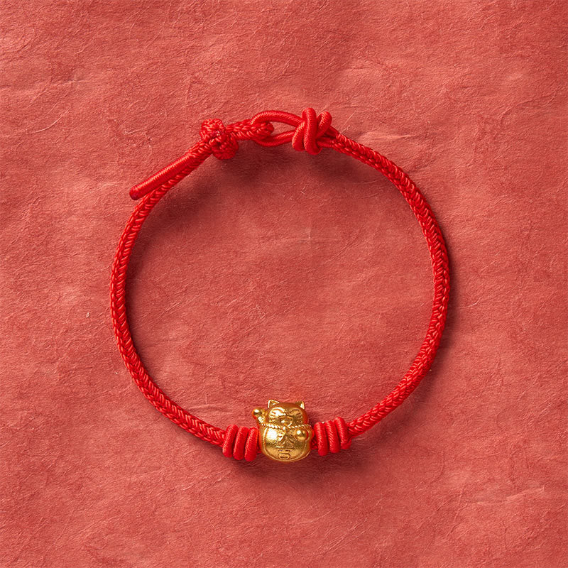 Buddha Stones Hand-Woven Red String Copper Lucky Cat Blessing Adjustable Bracelet