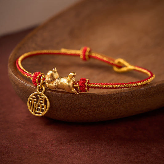 Buddha Stones Lying-Down Cat Fu Character Copper Red String Hand-Woven Prosperity Bracelet