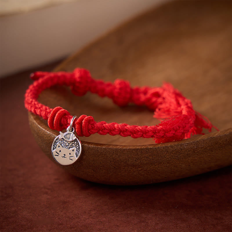 Buddha Stones 925 Sterling Silver Cute Cat Fish Protection Tibet Red String Adjustable Bracelet