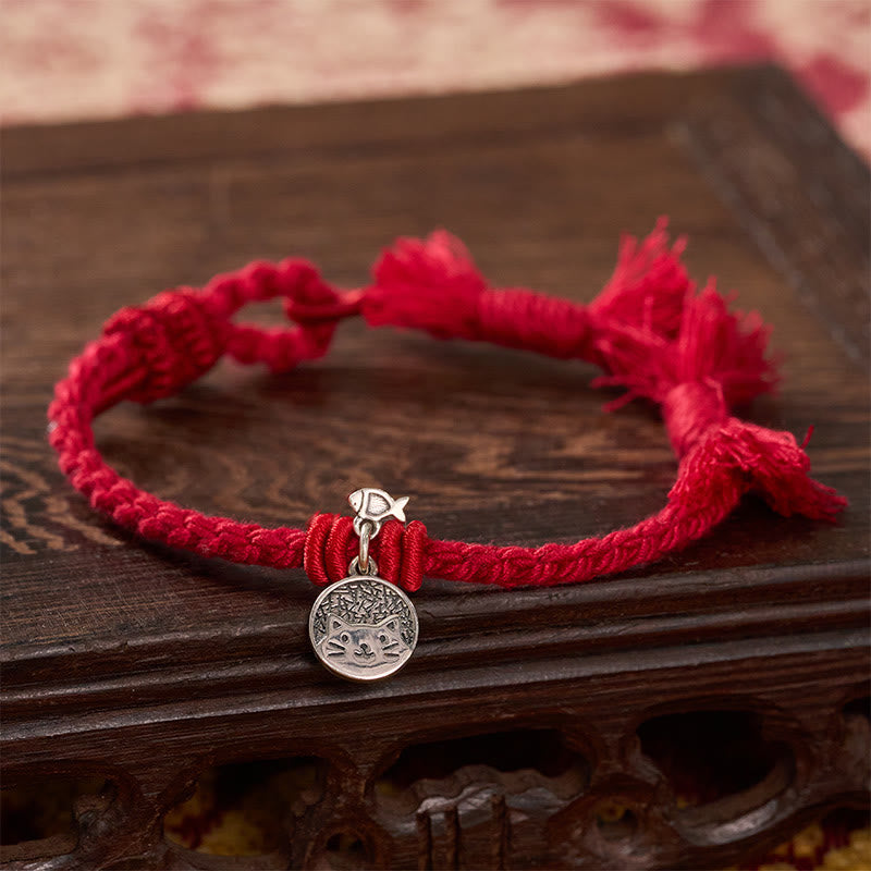 Buddha Stones 925 Sterling Silver Cute Cat Fish Protection Tibet Red String Adjustable Bracelet