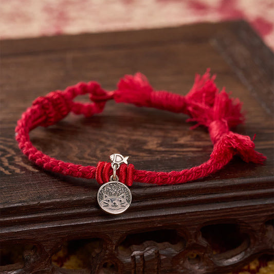 Buddha Stones 925 Sterling Silver Cute Cat Fish Protection Tibet Red String Adjustable Bracelet