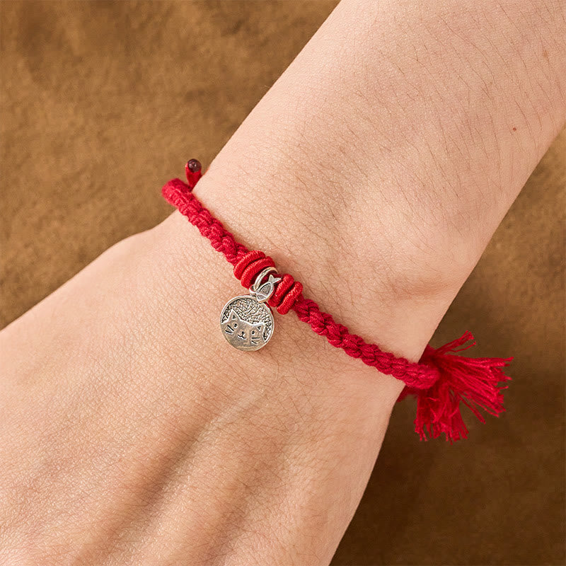 Buddha Stones 925 Sterling Silver Cute Cat Fish Protection Tibet Red String Adjustable Bracelet