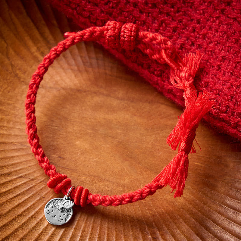 Buddha Stones 925 Sterling Silver Cute Cat Fish Protection Tibet Red String Adjustable Bracelet