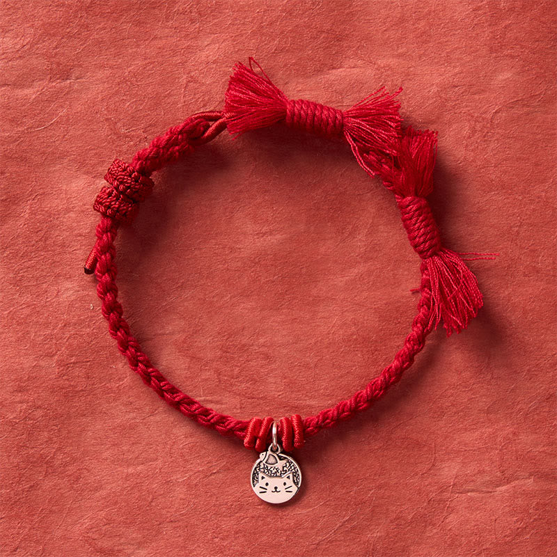Buddha Stones 925 Sterling Silver Cute Cat Fish Protection Tibet Red String Adjustable Bracelet