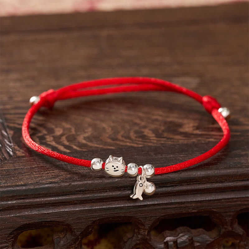 Buddha Stones 925 Sterling Silver Cute Cat Fish Red String Blessing Bracelet