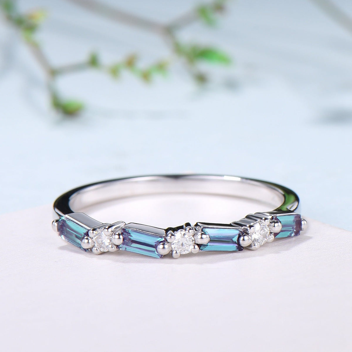 Vintage Alexandrite Eternity Wedding Band Women Unique Baguette Alexandrite Stackable Ring June Birthstone Matching Band Anniversary Gift