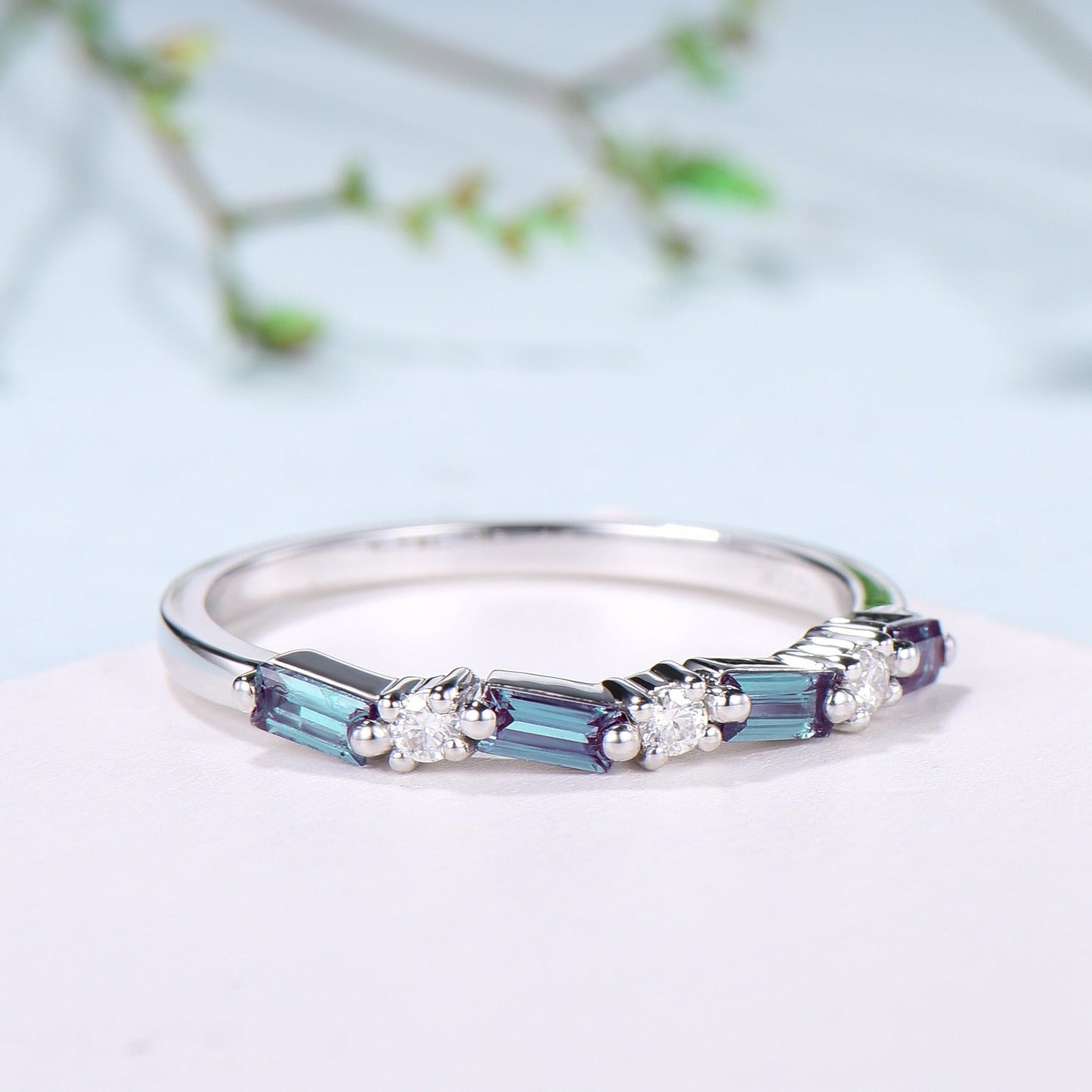 Vintage Alexandrite Eternity Wedding Band Women Unique Baguette Alexandrite Stackable Ring June Birthstone Matching Band Anniversary Gift