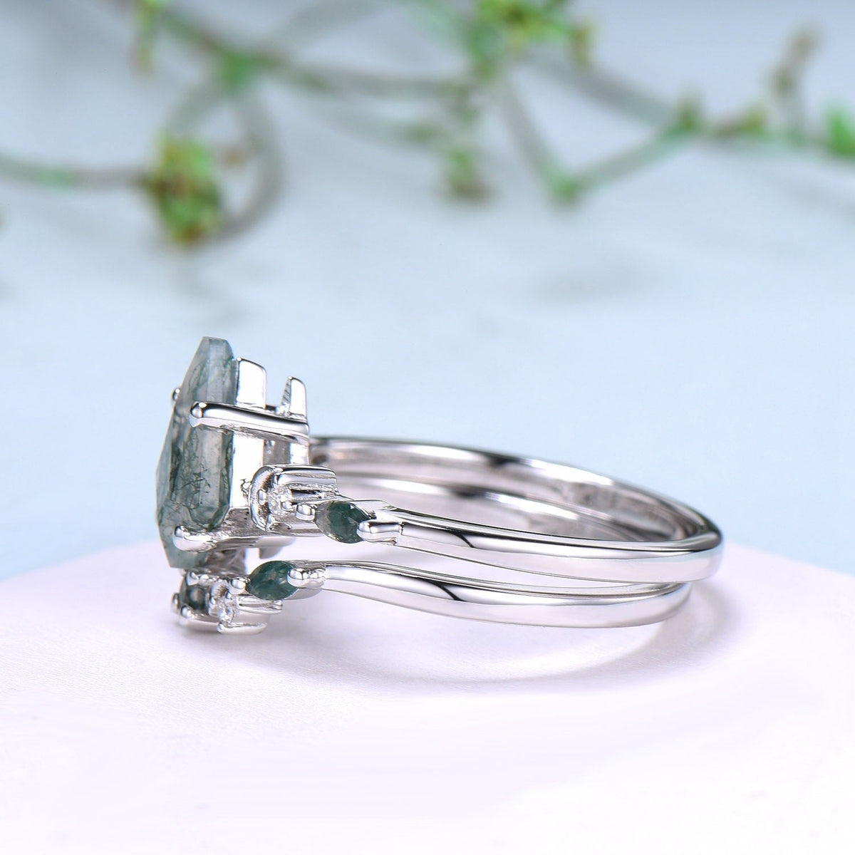 Vintage kite cut moss agate ring Five Stone crescent moon engagement ring art deco delicate bridal wedding set handmade anniversary gift