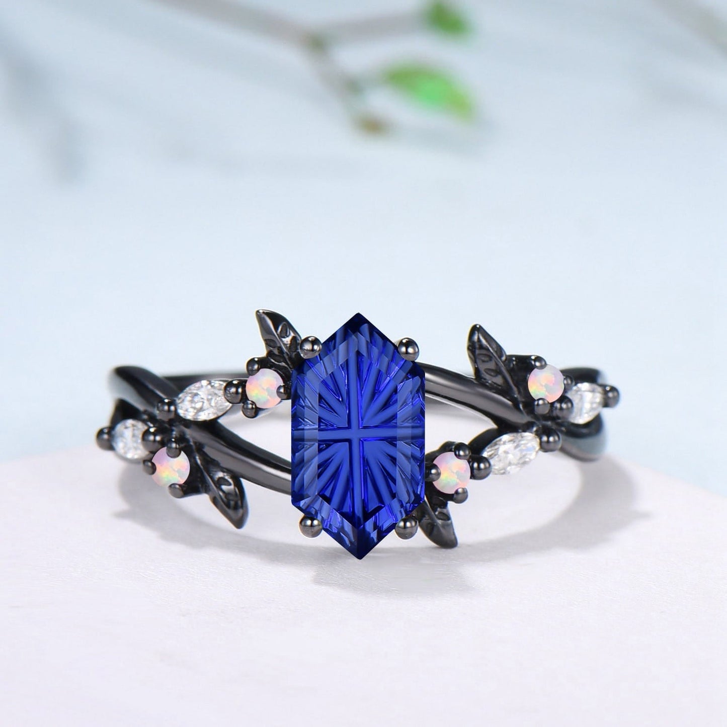 Gothic Split Shank Black Gold Hexagon Cut Starbrite Sapphire Engagement Ring, Leaf Vine Cluster Opal Jewelry